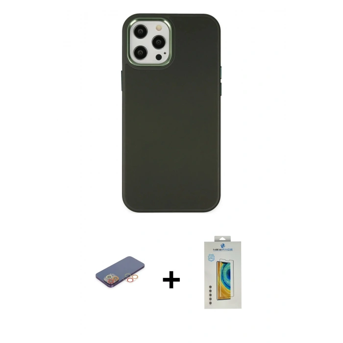 MARSİLYAN™- iPhone 12 Pro Max Kılıf Çekirdek Çizgi - Siyah Polymer Nano Ekran Koruyucu + Turuncu Renkli Kamera Lens Koruma Cam