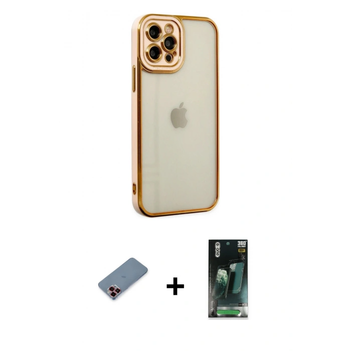 MARSİLYAN™- iPhone 12 Pro Max Kılıf Çekirdek Klasik Serisi - Şeffaf 360 Full Body Arka Koruyucu + Kırmızı Metal Kamera Lens Koruma Cam
