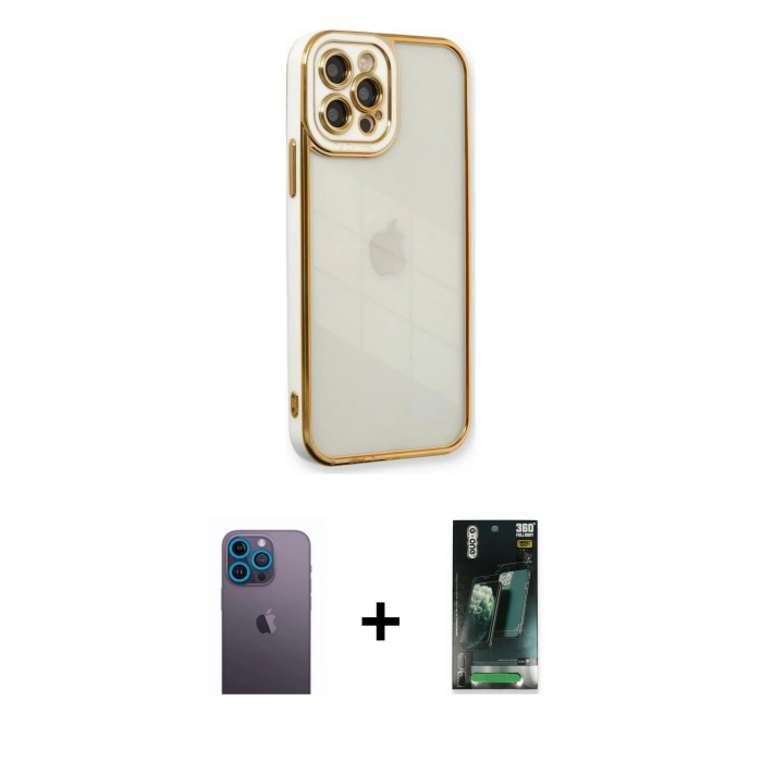 MARSİLYAN™- iPhone 12 Pro Max Kılıf Çekirdek Klasik Serisi - Şeffaf 360 Full Body Arka Koruyucu + Mavi Neon Fosforlu Kamera Lens