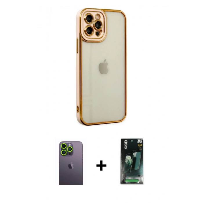 MARSİLYAN™- iPhone 12 Pro Max Kılıf Çekirdek Klasik Serisi - Şeffaf 360 Full Body Arka Koruyucu + Neon Fosforlu Kamera Lens - YL