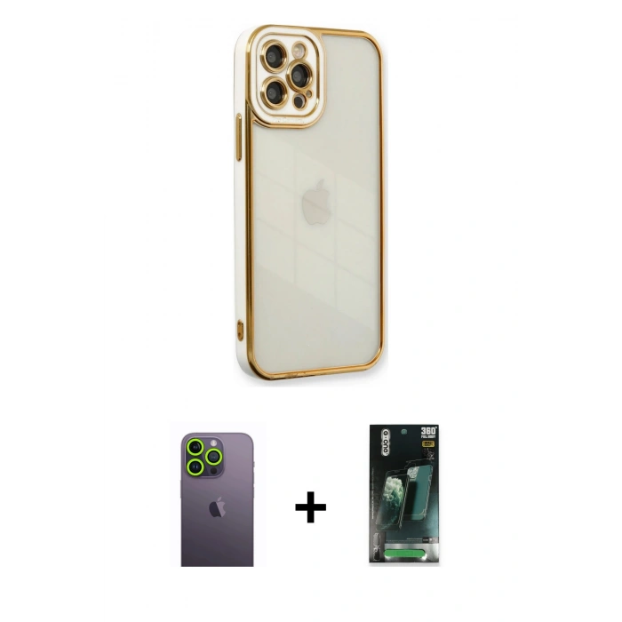 MARSİLYAN™- iPhone 12 Pro Max Kılıf Çekirdek Klasik Serisi - Şeffaf 360 Full Body Arka Koruyucu + Neon Fosforlu Kamera Lens - YL