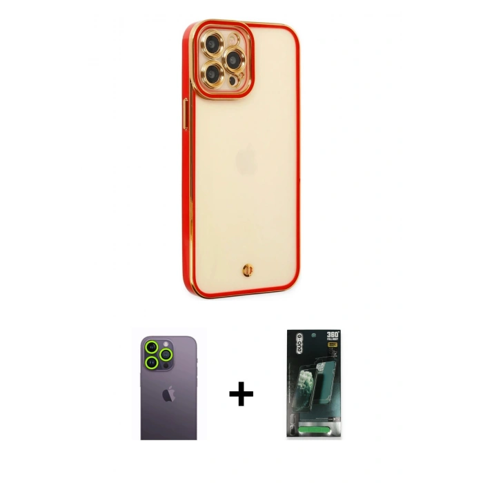 MARSİLYAN™- iPhone 12 Pro Max Kılıf Çekirdek Klasik Serisi - Şeffaf 360 Full Body Arka Koruyucu + Neon Fosforlu Kamera Lens - YL