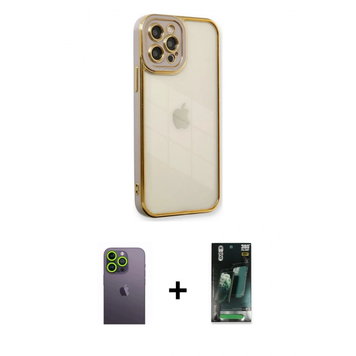 MARSİLYAN™- iPhone 12 Pro Max Kılıf Çekirdek Klasik Serisi - Şeffaf 360 Full Body Arka Koruyucu + Neon Fosforlu Kamera Lens - YL