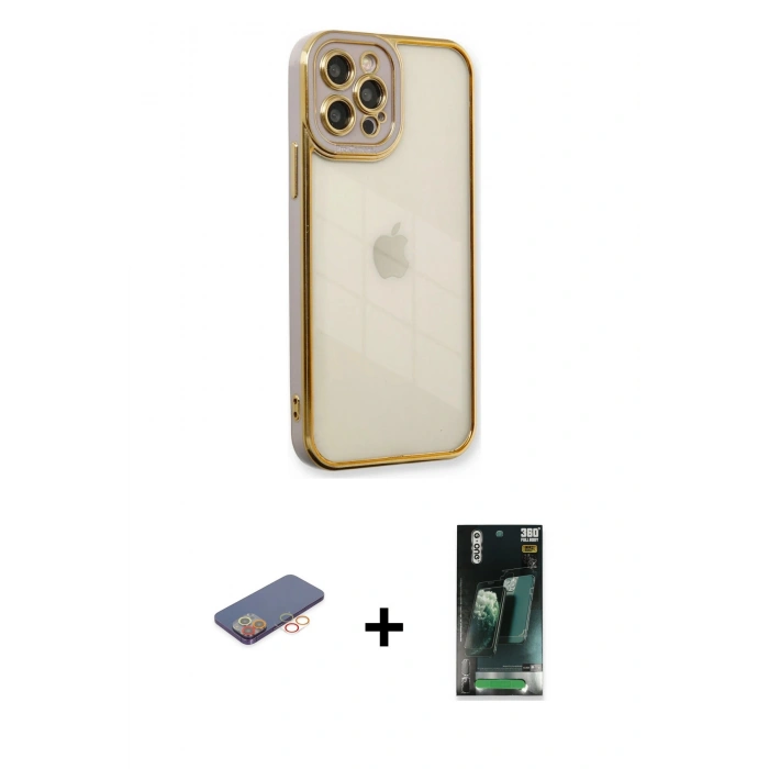 MARSİLYAN™- iPhone 12 Pro Max Kılıf Çekirdek Klasik Serisi - Şeffaf 360 Full Body Arka Koruyucu + Renkli Kamera Lens Koruma Cam - TU