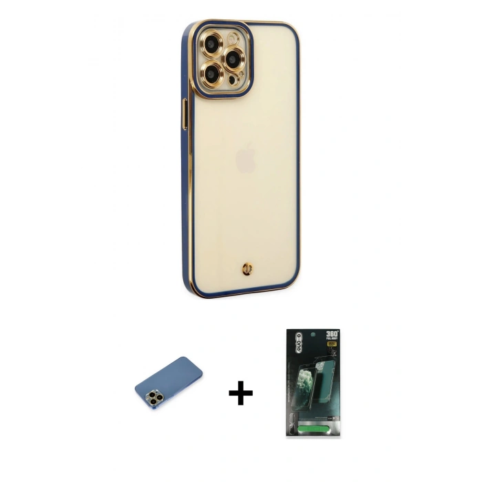 MARSİLYAN™- iPhone 12 Pro Max Kılıf Çekirdek Klasik Serisi - Şeffaf 360 Full Body Arka Koruyucu + Shine Kamera Lens Koruma Cam - GD