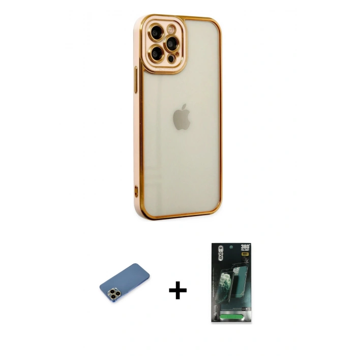 MARSİLYAN™- iPhone 12 Pro Max Kılıf Çekirdek Klasik Serisi - Şeffaf 360 Full Body Arka Koruyucu + Shine Kamera Lens Koruma Cam - GD