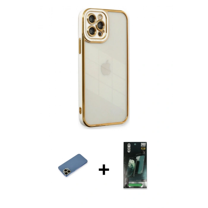MARSİLYAN™- iPhone 12 Pro Max Kılıf Çekirdek Klasik Serisi - Şeffaf 360 Full Body Arka Koruyucu + Shine Kamera Lens Koruma Cam - GD