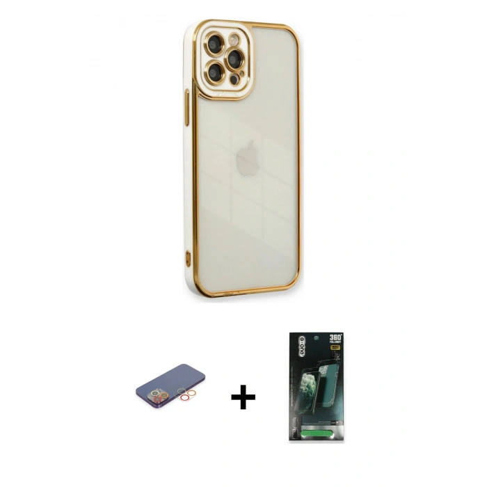 MARSİLYAN™- iPhone 12 Pro Max Kılıf Çekirdek Klasik Serisi - Şeffaf 360 Full Body Arka Koruyucu + Renkli Kamera Lens Koruma Cam - TU