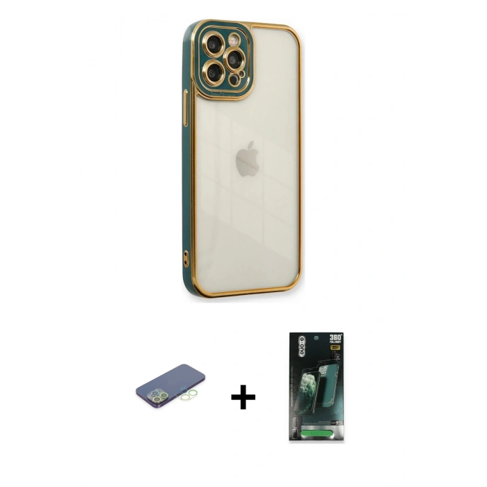 MARSİLYAN™- iPhone 12 Pro Max Kılıf Çekirdek Klasik Serisi - Şeffaf 360 Full Body Arka Koruyucu + Renkli Kamera Lens Koruma Cam - YL