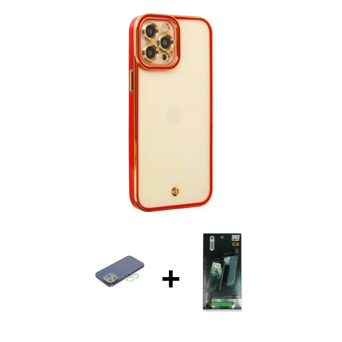 MARSİLYAN™- iPhone 12 Pro Max Kılıf Çekirdek Klasik Serisi - Şeffaf 360 Full Body Arka Koruyucu + Renkli Kamera Lens Koruma Cam - YL
