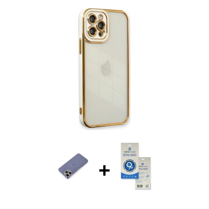 MARSİLYAN™- iPhone 12 Pro Max Kılıf Çekirdek Klasik Serisi - Şeffaf Royal Nano Ekran Koruyucu + Metal Kamera Lens Koruma Cam - GD
