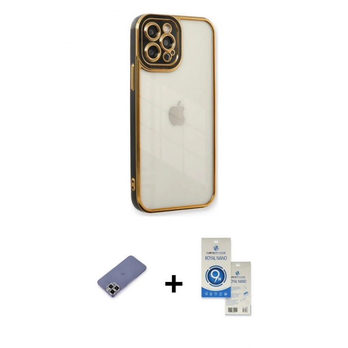 MARSİLYAN™- iPhone 12 Pro Max Kılıf Çekirdek Klasik Serisi - Şeffaf Royal Nano Ekran Koruyucu + Metal Kamera Lens Koruma Cam - GD