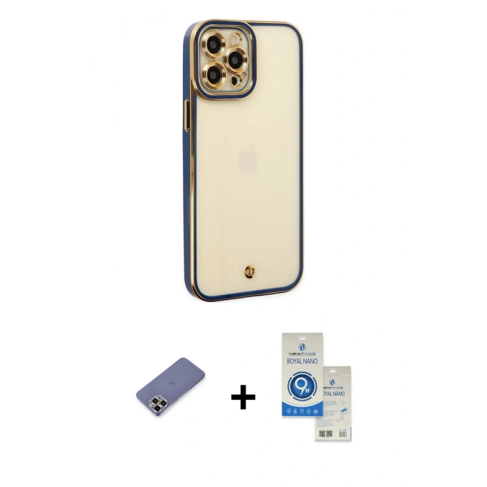 MARSİLYAN™- iPhone 12 Pro Max Kılıf Çekirdek Klasik Serisi - Şeffaf Royal Nano Ekran Koruyucu + Metal Kamera Lens Koruma Cam - GD