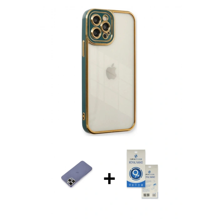 MARSİLYAN™- iPhone 12 Pro Max Kılıf Çekirdek Klasik Serisi - Şeffaf Royal Nano Ekran Koruyucu + Metal Kamera Lens Koruma Cam - GD