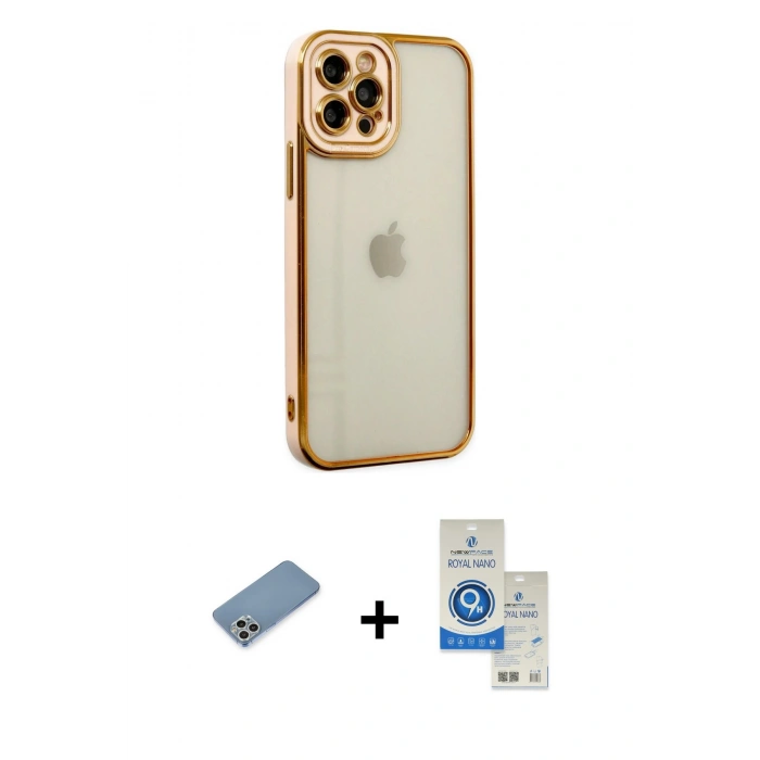 MARSİLYAN™- iPhone 12 Pro Max Kılıf Çekirdek Klasik Serisi - Şeffaf Royal Nano Ekran Koruyucu + Shine Kamera Lens Koruma Cam - GS