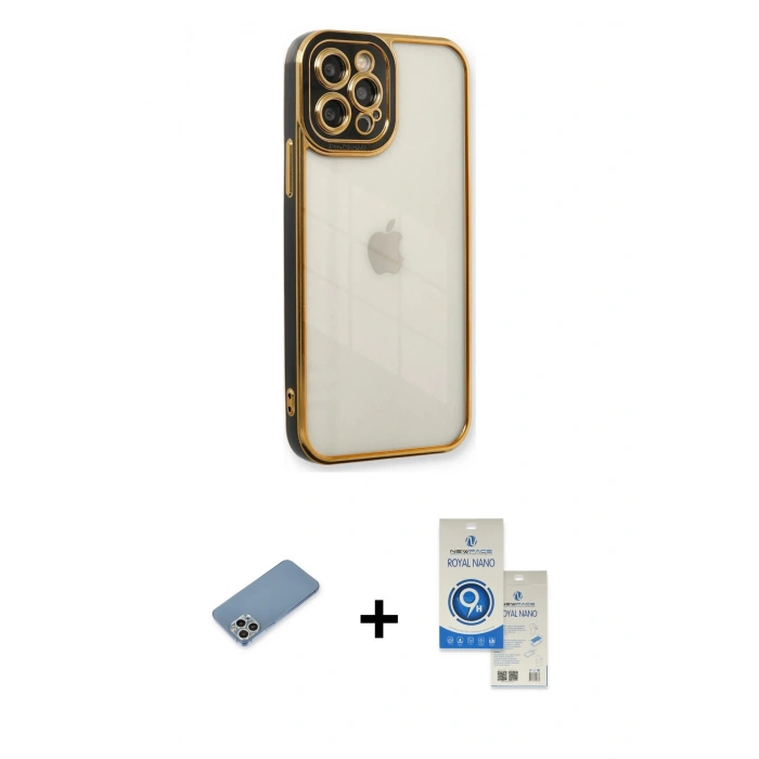 MARSİLYAN™- iPhone 12 Pro Max Kılıf Çekirdek Klasik Serisi - Şeffaf Royal Nano Ekran Koruyucu + Shine Kamera Lens Koruma Cam - GS