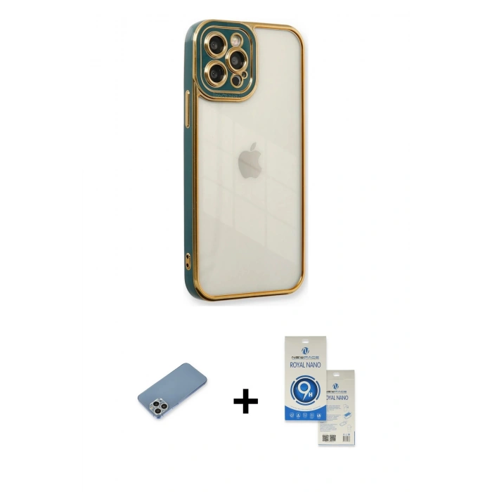 MARSİLYAN™- iPhone 12 Pro Max Kılıf Çekirdek Klasik Serisi - Şeffaf Royal Nano Ekran Koruyucu + Shine Kamera Lens Koruma Cam - GS