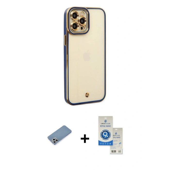 MARSİLYAN™- iPhone 12 Pro Max Kılıf Çekirdek Klasik Serisi - Şeffaf Royal Nano Ekran Koruyucu + Shine Kamera Lens Koruma Cam - GS