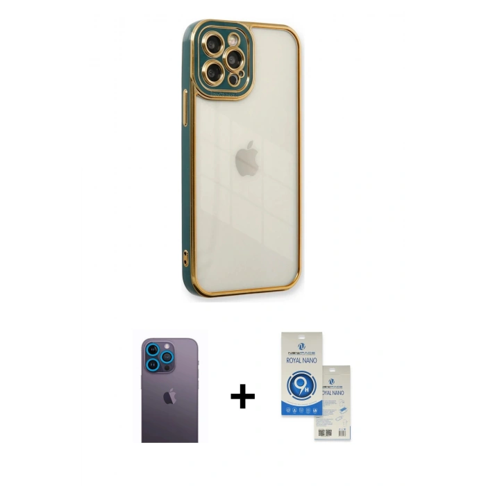 MARSİLYAN™- iPhone 12 Pro Max Kılıf Çekirdek Klasik Serisi - Şeffaf Royal Nano Ekran Koruyucu + Neon Fosforlu Kamera Lens - MI