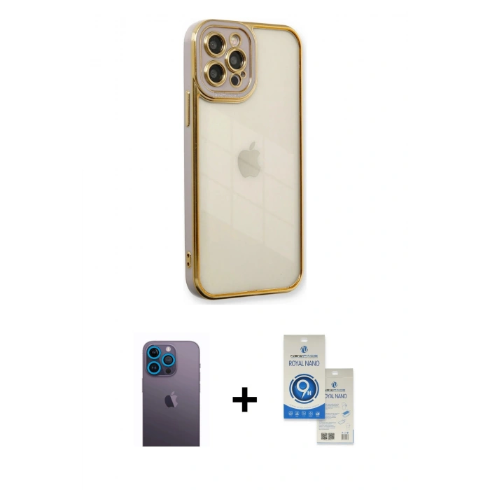 MARSİLYAN™- iPhone 12 Pro Max Kılıf Çekirdek Klasik Serisi - Şeffaf Royal Nano Ekran Koruyucu + Neon Fosforlu Kamera Lens - MI