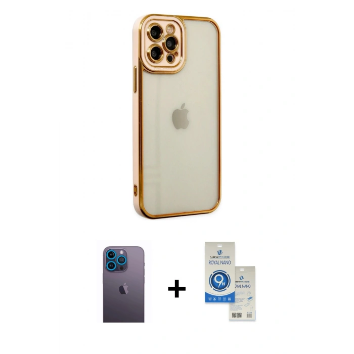 MARSİLYAN™- iPhone 12 Pro Max Kılıf Çekirdek Klasik Serisi - Şeffaf Royal Nano Ekran Koruyucu + Neon Fosforlu Kamera Lens - MI
