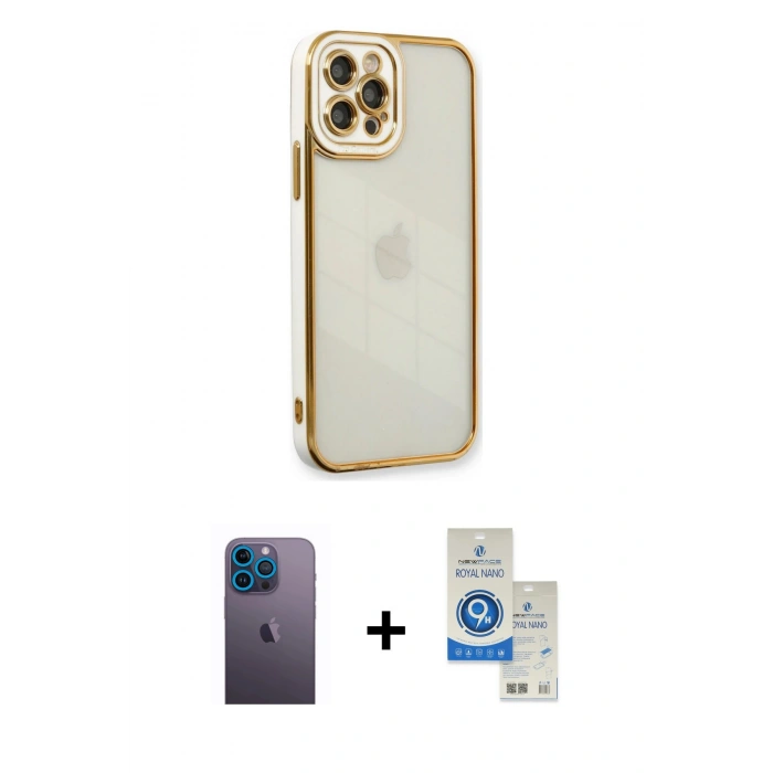 MARSİLYAN™- iPhone 12 Pro Max Kılıf Çekirdek Klasik Serisi - Şeffaf Royal Nano Ekran Koruyucu + Neon Fosforlu Kamera Lens - MI