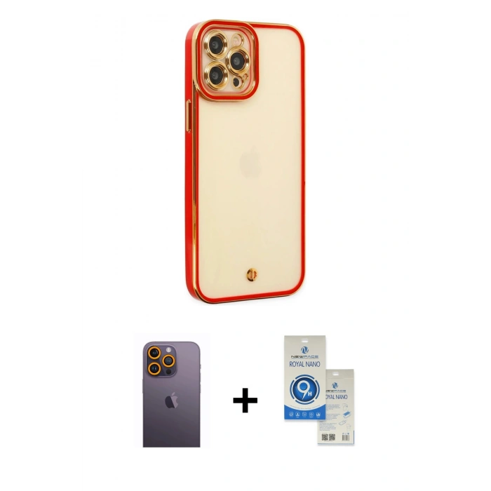 MARSİLYAN™- iPhone 12 Pro Max Kılıf Çekirdek Klasik Serisi - Şeffaf Royal Nano Ekran Koruyucu + Neon Fosforlu Kamera Lens - SI