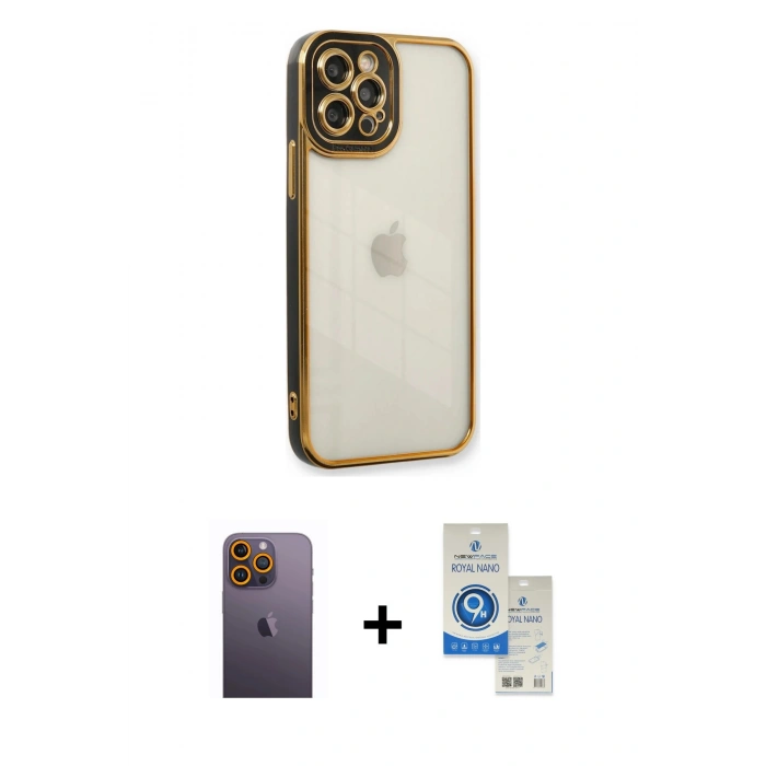MARSİLYAN™- iPhone 12 Pro Max Kılıf Çekirdek Klasik Serisi - Şeffaf Royal Nano Ekran Koruyucu + Neon Fosforlu Kamera Lens - SI