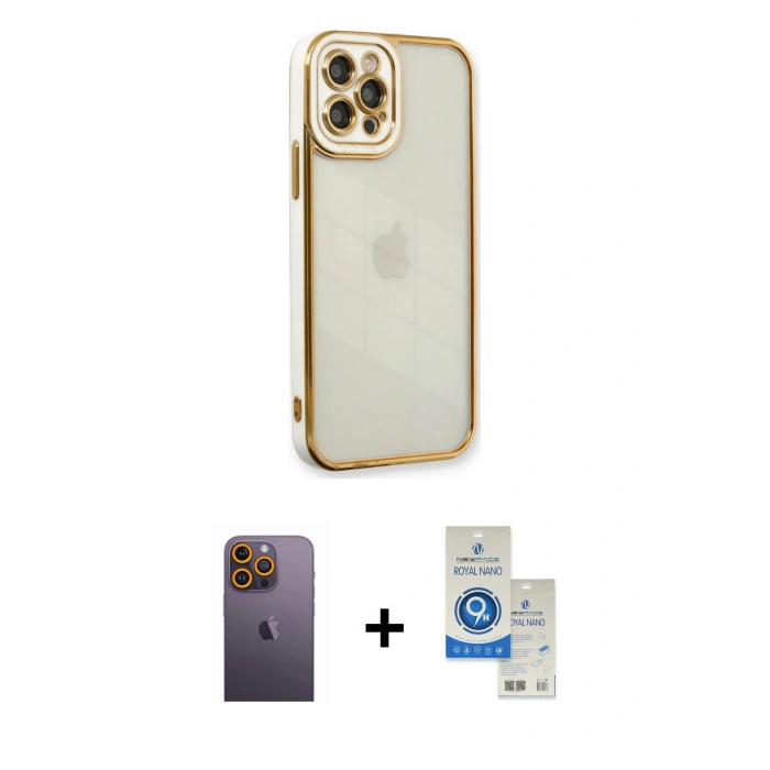 MARSİLYAN™- iPhone 12 Pro Max Kılıf Çekirdek Klasik Serisi - Şeffaf Royal Nano Ekran Koruyucu + Neon Fosforlu Kamera Lens - SI