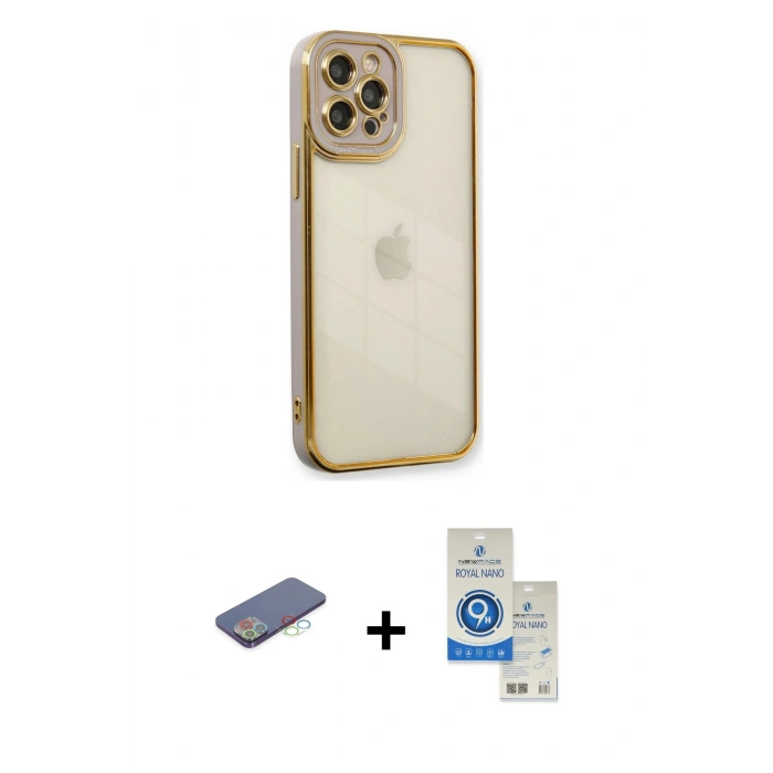 MARSİLYAN™- iPhone 12 Pro Max Kılıf Çekirdek Klasik Serisi - Şeffaf Royal Nano Ekran Koruyucu + Renkli Kamera Lens Koruma Cam - MI