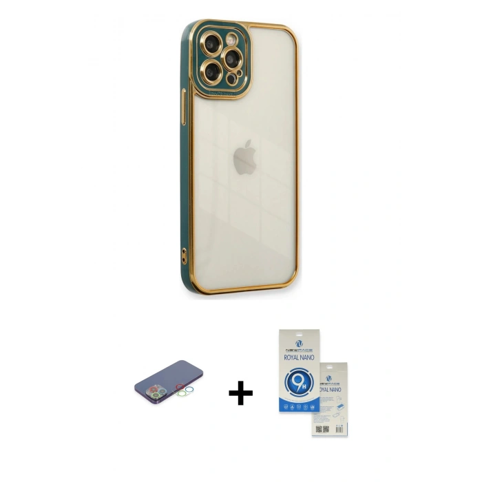 MARSİLYAN™- iPhone 12 Pro Max Kılıf Çekirdek Klasik Serisi - Şeffaf Royal Nano Ekran Koruyucu + Renkli Kamera Lens Koruma Cam - MI