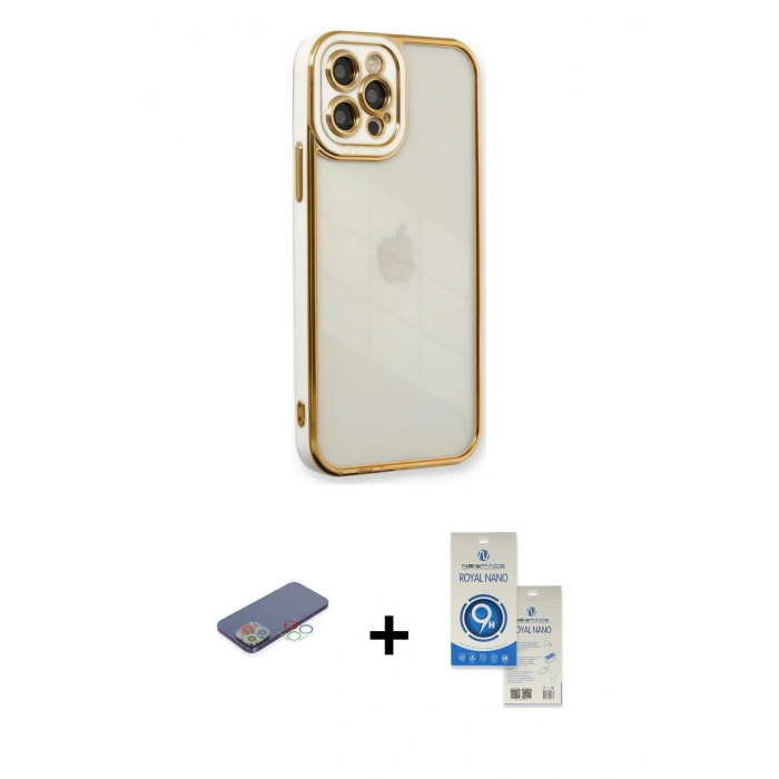 MARSİLYAN™- iPhone 12 Pro Max Kılıf Çekirdek Klasik Serisi - Şeffaf Royal Nano Ekran Koruyucu + Renkli Kamera Lens Koruma Cam - MI