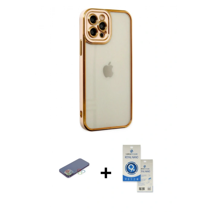 MARSİLYAN™- iPhone 12 Pro Max Kılıf Çekirdek Klasik Serisi - Şeffaf Royal Nano Ekran Koruyucu + Renkli Kamera Lens Koruma Cam - MI