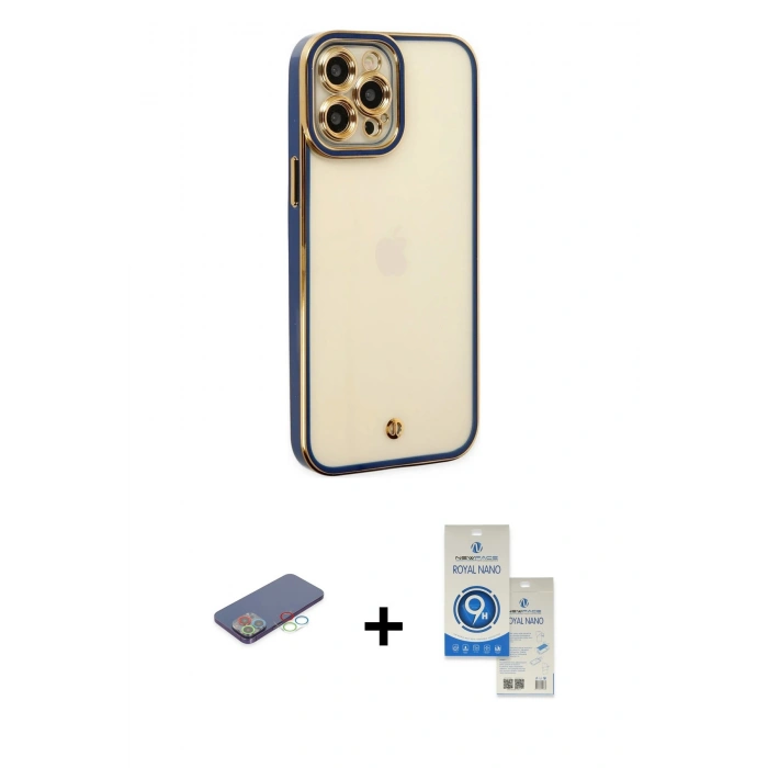 MARSİLYAN™- iPhone 12 Pro Max Kılıf Çekirdek Klasik Serisi - Şeffaf Royal Nano Ekran Koruyucu + Renkli Kamera Lens Koruma Cam - MI