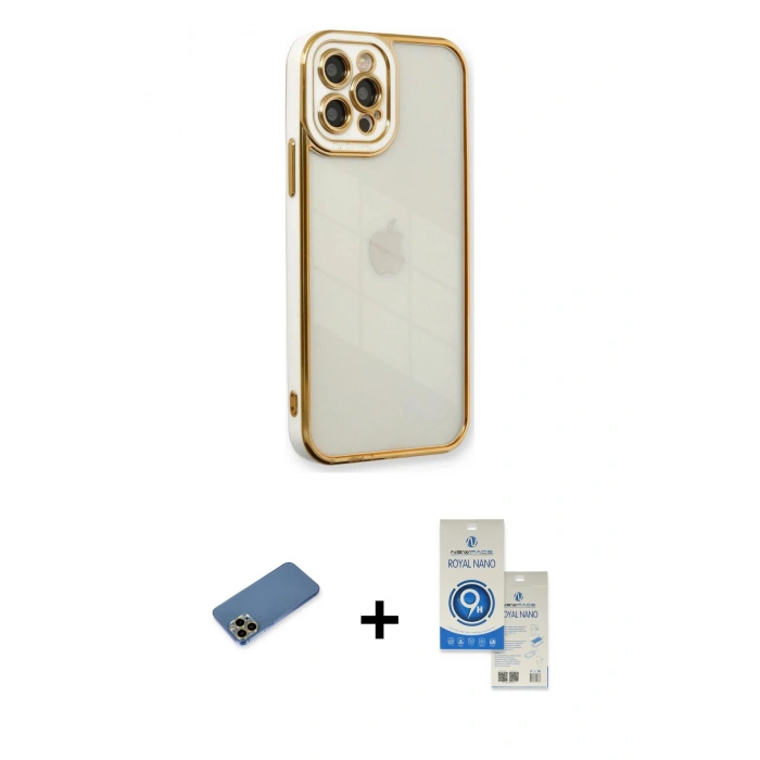 MARSİLYAN™- iPhone 12 Pro Max Kılıf Çekirdek Klasik Serisi - Şeffaf Royal Nano Ekran Koruyucu + Shine Kamera Lens Koruma Cam - GD