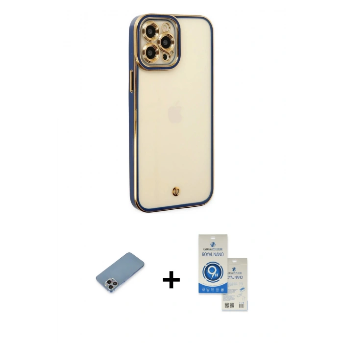 MARSİLYAN™- iPhone 12 Pro Max Kılıf Çekirdek Klasik Serisi - Şeffaf Royal Nano Ekran Koruyucu + Shine Kamera Lens Koruma Cam - GI
