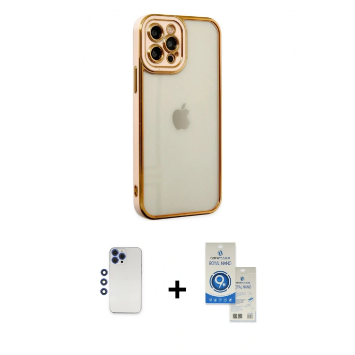 MARSİLYAN™- iPhone 12 Pro Max Kılıf Çekirdek Klasik Serisi - Şeffaf Royal Nano Ekran Koruyucu + Shine Kamera Lens - LT
