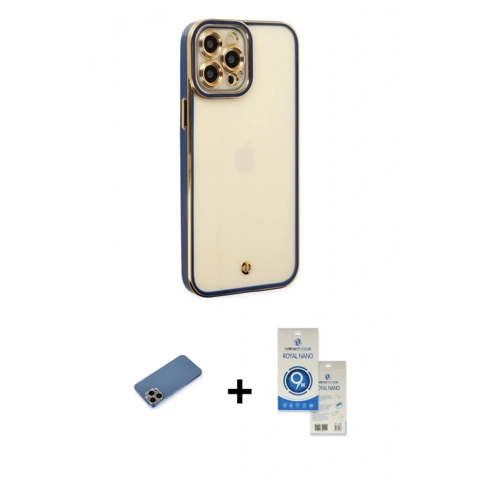 MARSİLYAN™- iPhone 12 Pro Max Kılıf Çekirdek Klasik Serisi - Şeffaf Royal Nano Ekran Koruyucu + Shine Kamera Lens Koruma Cam - GD