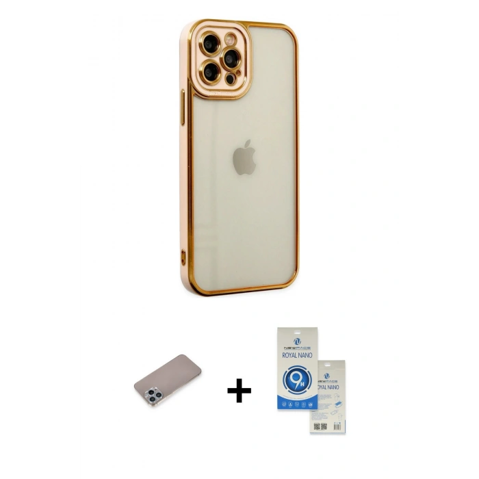 MARSİLYAN™- iPhone 12 Pro Max Kılıf Çekirdek Klasik Serisi - Şeffaf Royal Nano Ekran Koruyucu + Shine Kamera Lens Koruma Cam - SABE