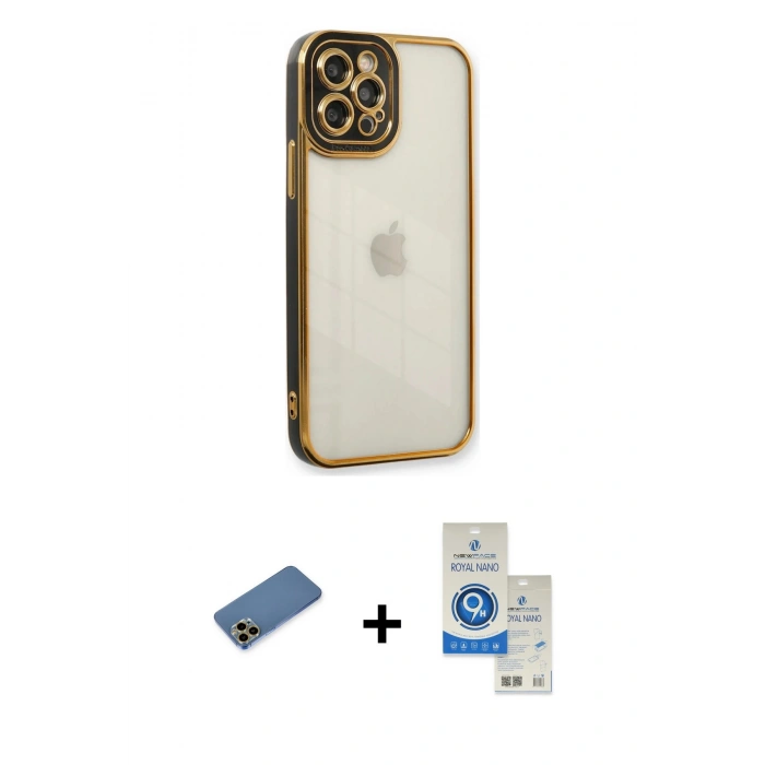 MARSİLYAN™- iPhone 12 Pro Max Kılıf Çekirdek Klasik Serisi - Şeffaf Royal Nano Ekran Koruyucu + Shine Kamera Lens Koruma Cam - GD
