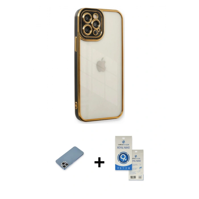 MARSİLYAN™- iPhone 12 Pro Max Kılıf Çekirdek Klasik Serisi - Şeffaf Royal Nano Ekran Koruyucu + Shine Kamera Lens Koruma Cam - GI
