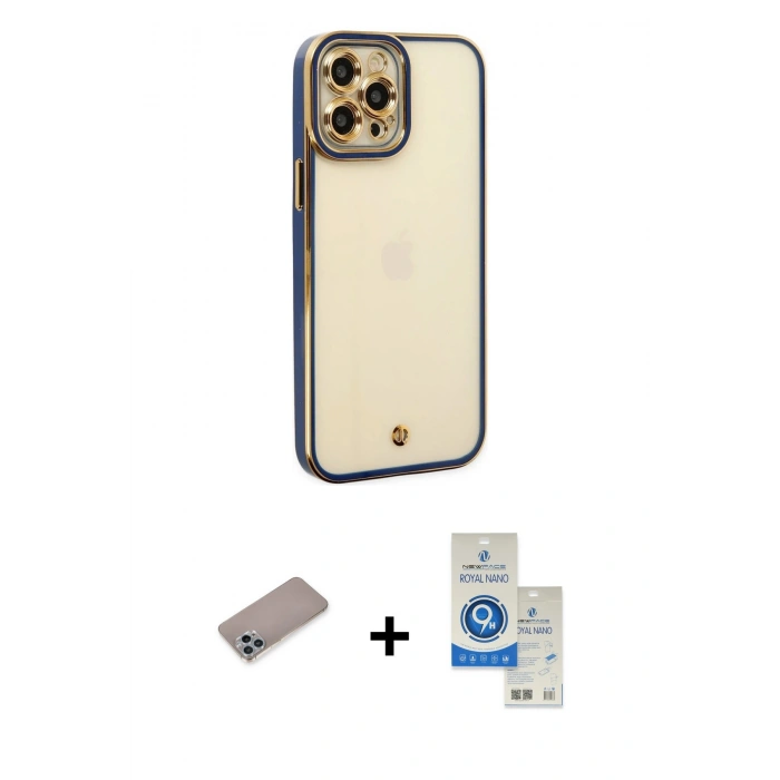 MARSİLYAN™- iPhone 12 Pro Max Kılıf Çekirdek Klasik Serisi - Şeffaf Royal Nano Ekran Koruyucu + Shine Kamera Lens Koruma Cam - SABE