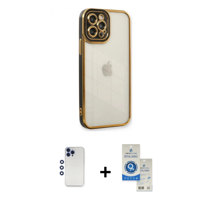 MARSİLYAN™- iPhone 12 Pro Max Kılıf Çekirdek Klasik Serisi - Şeffaf Royal Nano Ekran Koruyucu + Shine Kamera Lens - LT