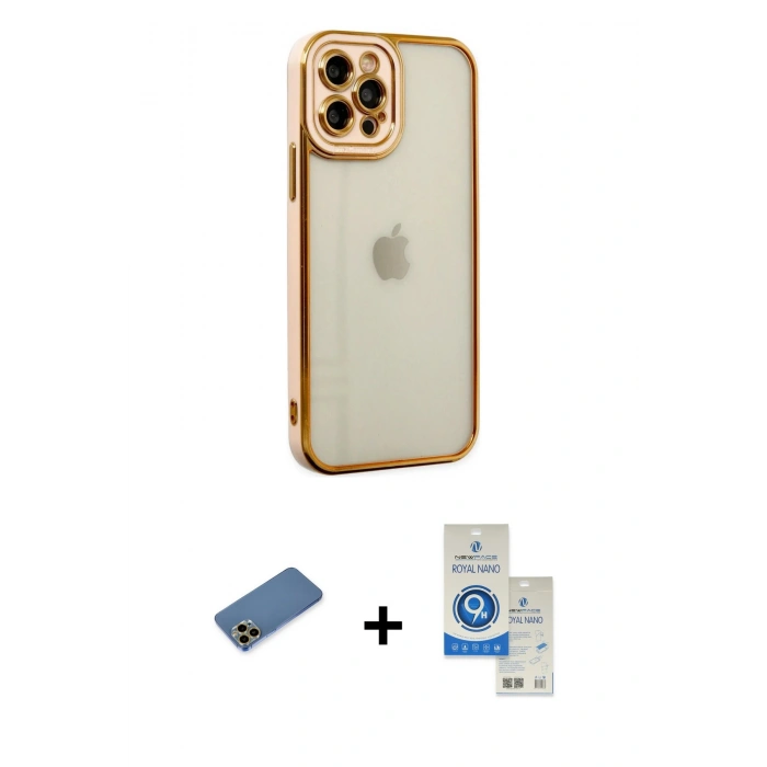 MARSİLYAN™- iPhone 12 Pro Max Kılıf Çekirdek Klasik Serisi - Şeffaf Royal Nano Ekran Koruyucu + Shine Kamera Lens Koruma Cam - GD