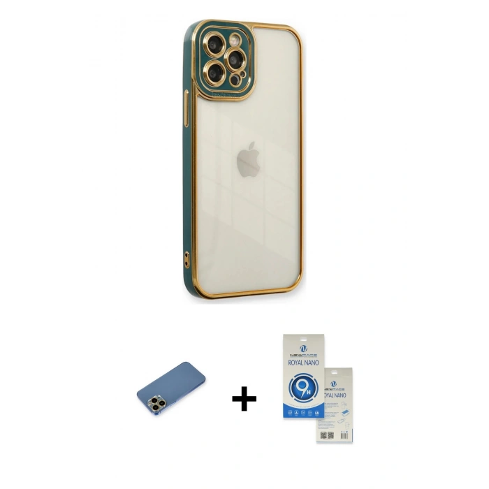 MARSİLYAN™- iPhone 12 Pro Max Kılıf Çekirdek Klasik Serisi - Şeffaf Royal Nano Ekran Koruyucu + Shine Kamera Lens Koruma Cam - GD