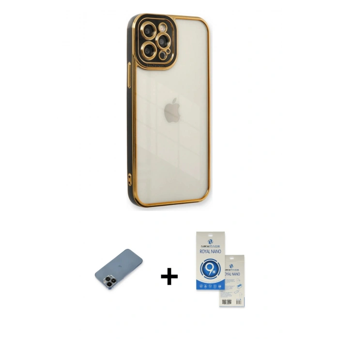 MARSİLYAN™- iPhone 12 Pro Max Kılıf Çekirdek Klasik Serisi - Şeffaf Royal Nano Ekran Koruyucu + Shine Kamera Lens Koruma Cam - SH