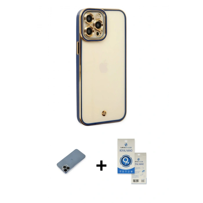 MARSİLYAN™- iPhone 12 Pro Max Kılıf Çekirdek Klasik Serisi - Şeffaf Royal Nano Ekran Koruyucu + Shine Kamera Lens Koruma Cam - SH