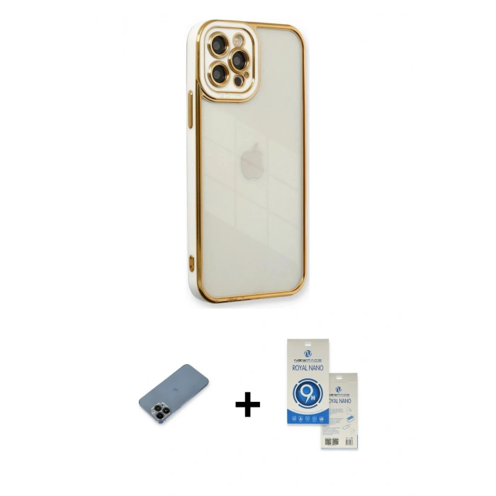 MARSİLYAN™- iPhone 12 Pro Max Kılıf Çekirdek Klasik Serisi - Şeffaf Royal Nano Ekran Koruyucu + Shine Kamera Lens Koruma Cam - SH