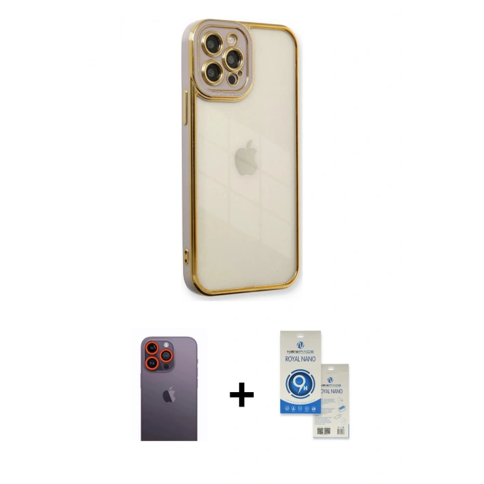 MARSİLYAN™- iPhone 12 Pro Max Kılıf Çekirdek Klasik Serisi - Şeffaf Royal Nano Ekran Koruyucu + Neon Fosforlu Kamera Lens - TU