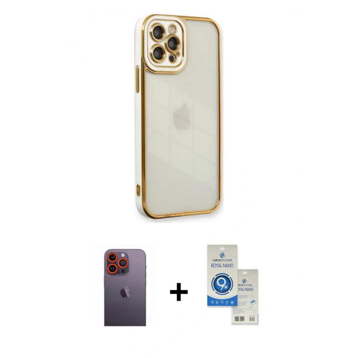 MARSİLYAN™- iPhone 12 Pro Max Kılıf Çekirdek Klasik Serisi - Şeffaf Royal Nano Ekran Koruyucu + Neon Fosforlu Kamera Lens - TU